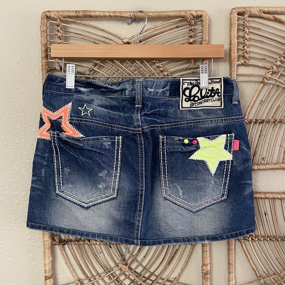 Vtg Y2K Lolita Concert Club Denim Skirt Stars Kawaii Japanese Denim L READ B22 - Picture 2 of 10